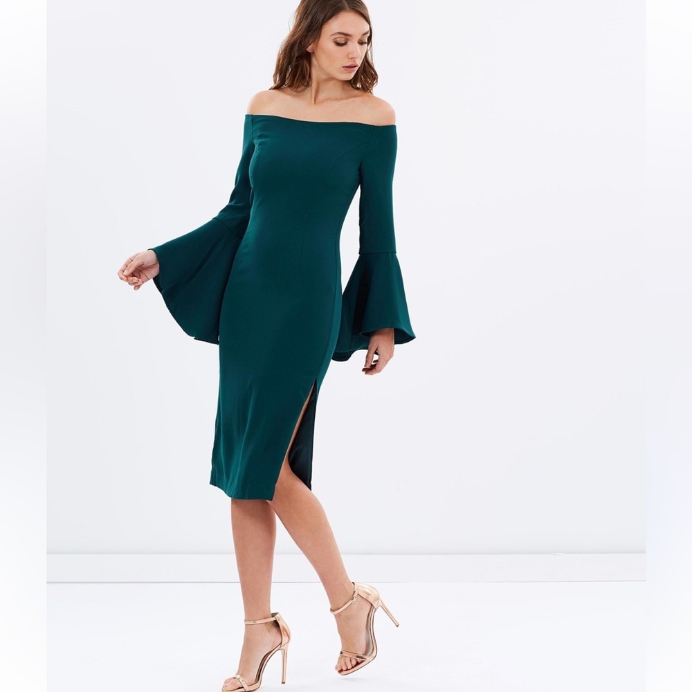 Bardot | US 6 | Solange Dark Green Teal Long Sleeve Dress - Bell Sleeve